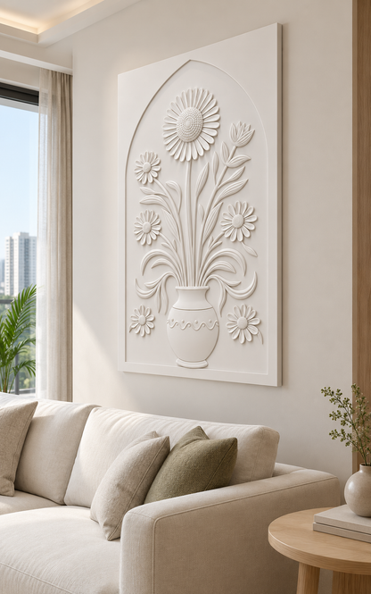 Cascading Daisy Scalloped Vase Corian wall panel, right view in a Mumbai living room with a low ivory sofa, pale oak side table and soft window light; AI-assisted concept visualisation