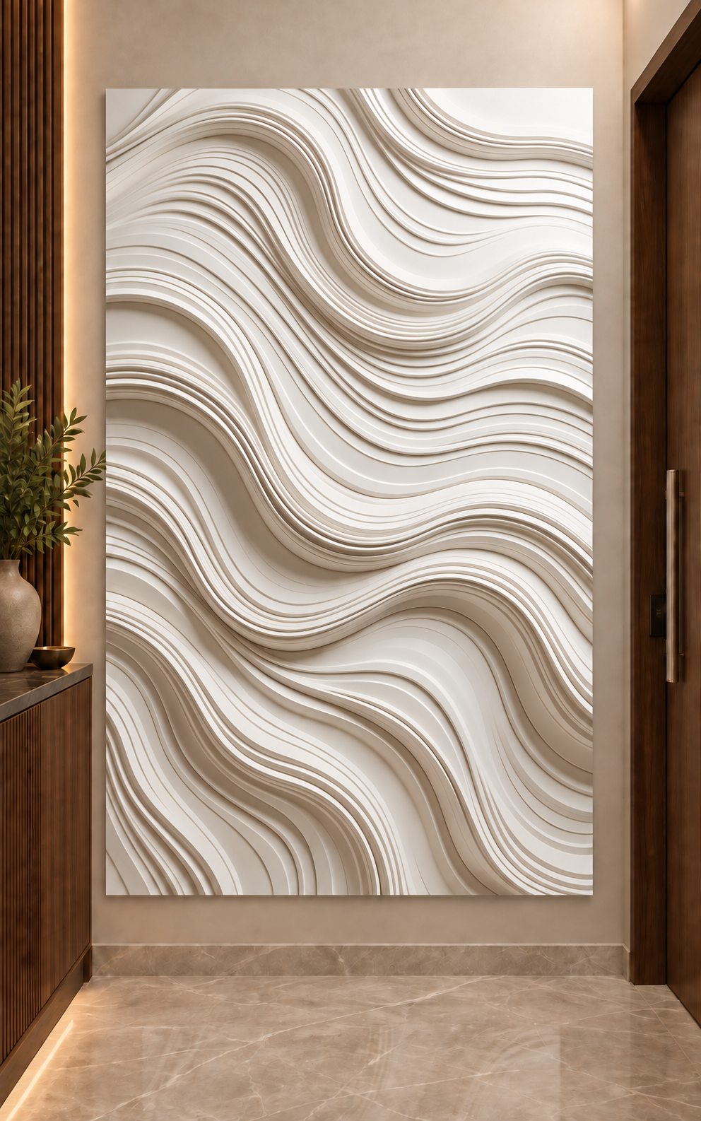 Cascading Strata Corian wall panel, front view in a Mumbai entrance lobby wall; AI-assisted concept visualisation