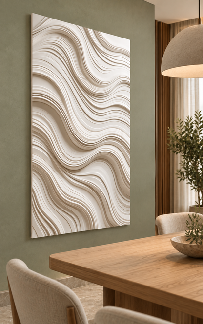 Cascading Strata Corian wall panel, left view in a Mumbai contemporary dining room; AI-assisted concept visualisation