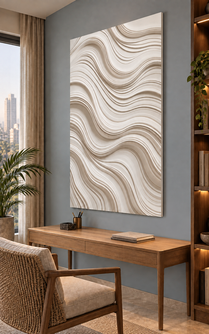 Cascading Strata Corian wall panel, right view in a Mumbai home office lounge; AI-assisted concept visualisation