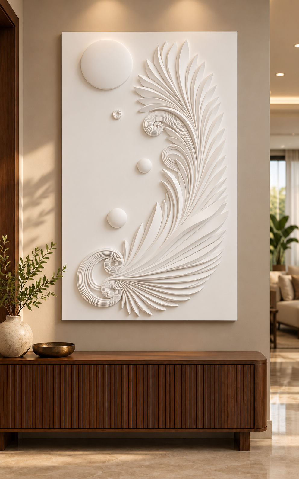 Front view of Celestial Plume Scroll Corian Wall Panel. Foyer above fluted timber console. AI-assisted white Corian concept.