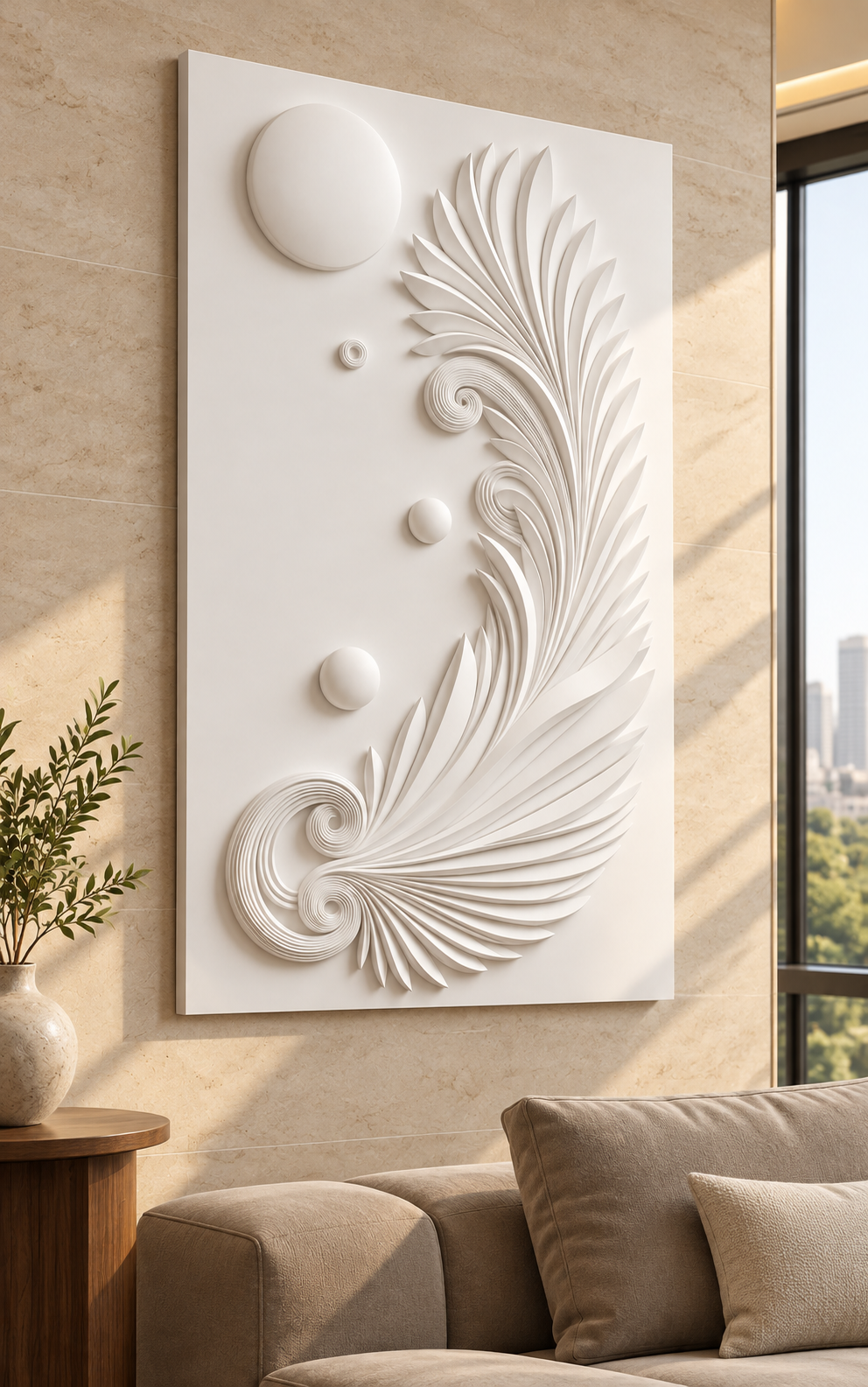 Left-angle view of Celestial Plume Scroll Corian Wall Panel. Stone-clad high-rise lounge wall above sofa. AI-assisted white Corian concept.