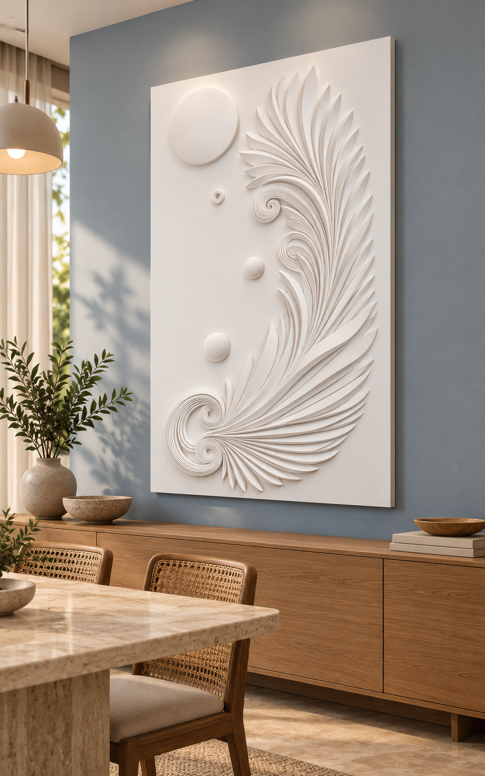 Right-angle view of Celestial Plume Scroll Corian Wall Panel. Dining area on blue-grey accent wall above sideboard. AI-assisted white Corian concept.