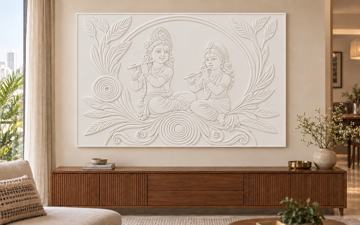 CWP-650 Child Flute Duet Garden Corian Wall Panel, 4 ft wide x 2.5 ft high, front view in a Mumbai living room; AI-assisted concept visualisation
