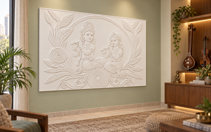 CWP-650 Child Flute Duet Garden Corian Wall Panel, 4 ft wide x 2.5 ft high, left view in a Mumbai music and prayer sitting area; AI-assisted concept visualisation