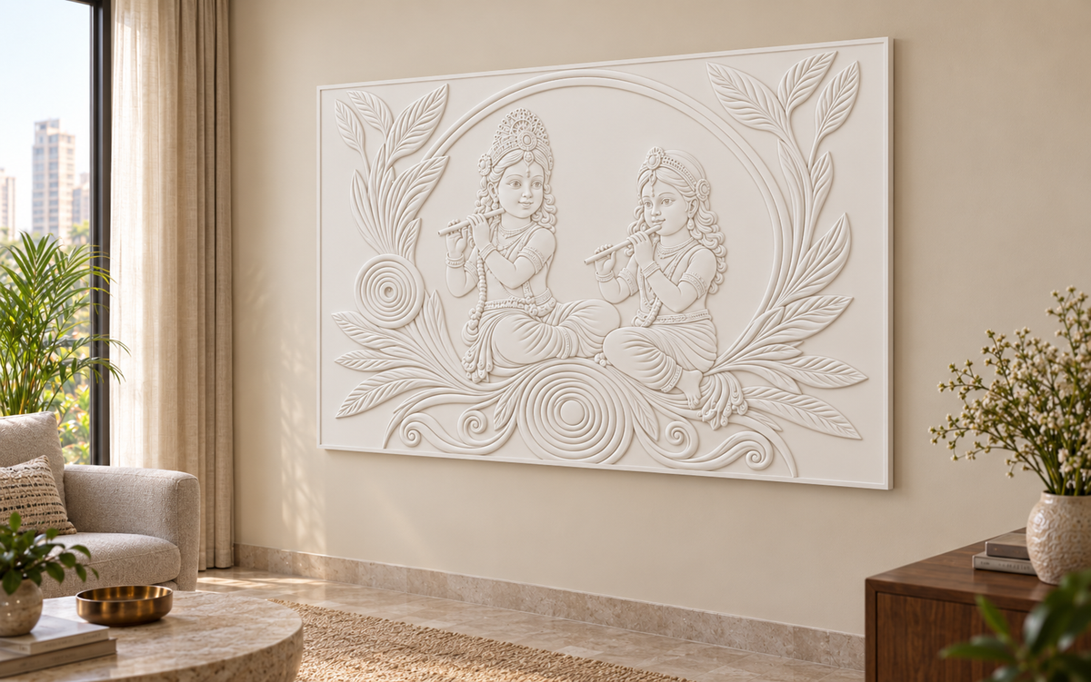 CWP-650 Child Flute Duet Garden Corian Wall Panel, 4 ft wide x 2.5 ft high, right view in a Mumbai quiet sitting room; AI-assisted concept visualisation
