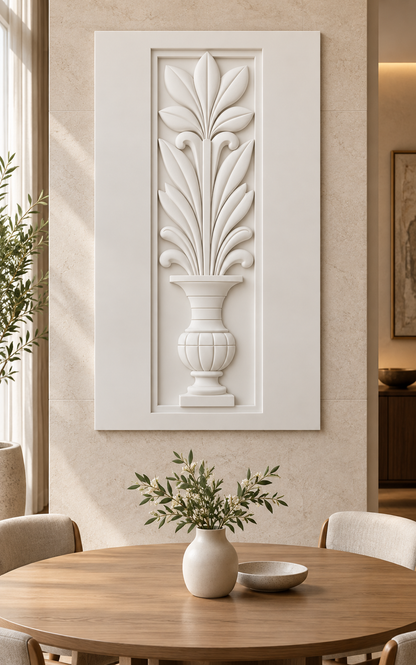 Classical Leaf Urn Corian wall panel, front view in a Mumbai dining alcove, showing its satin white shallow relief.