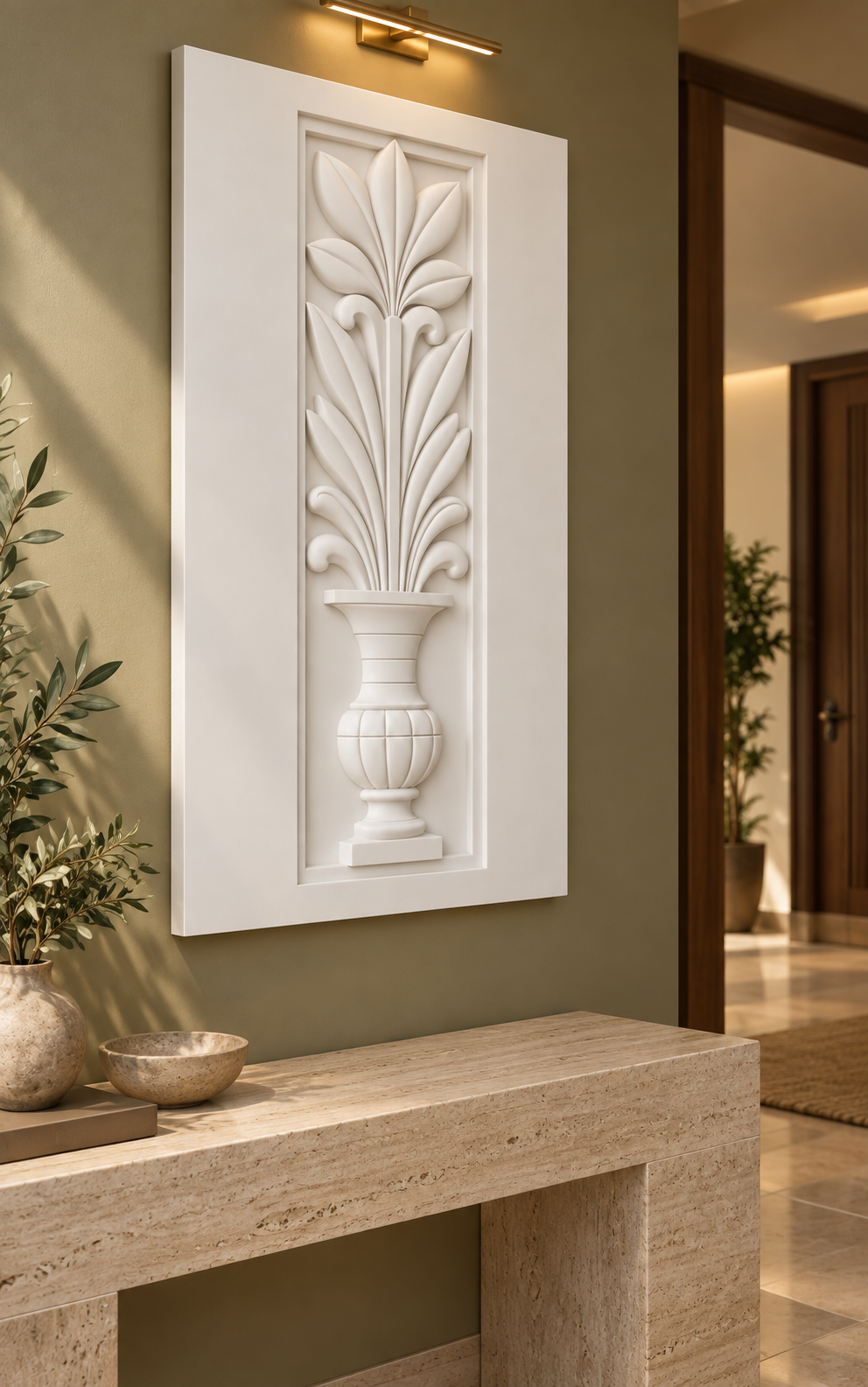 Classical Leaf Urn Corian wall panel, left view in a Mumbai entry passage, showing its satin white shallow relief.