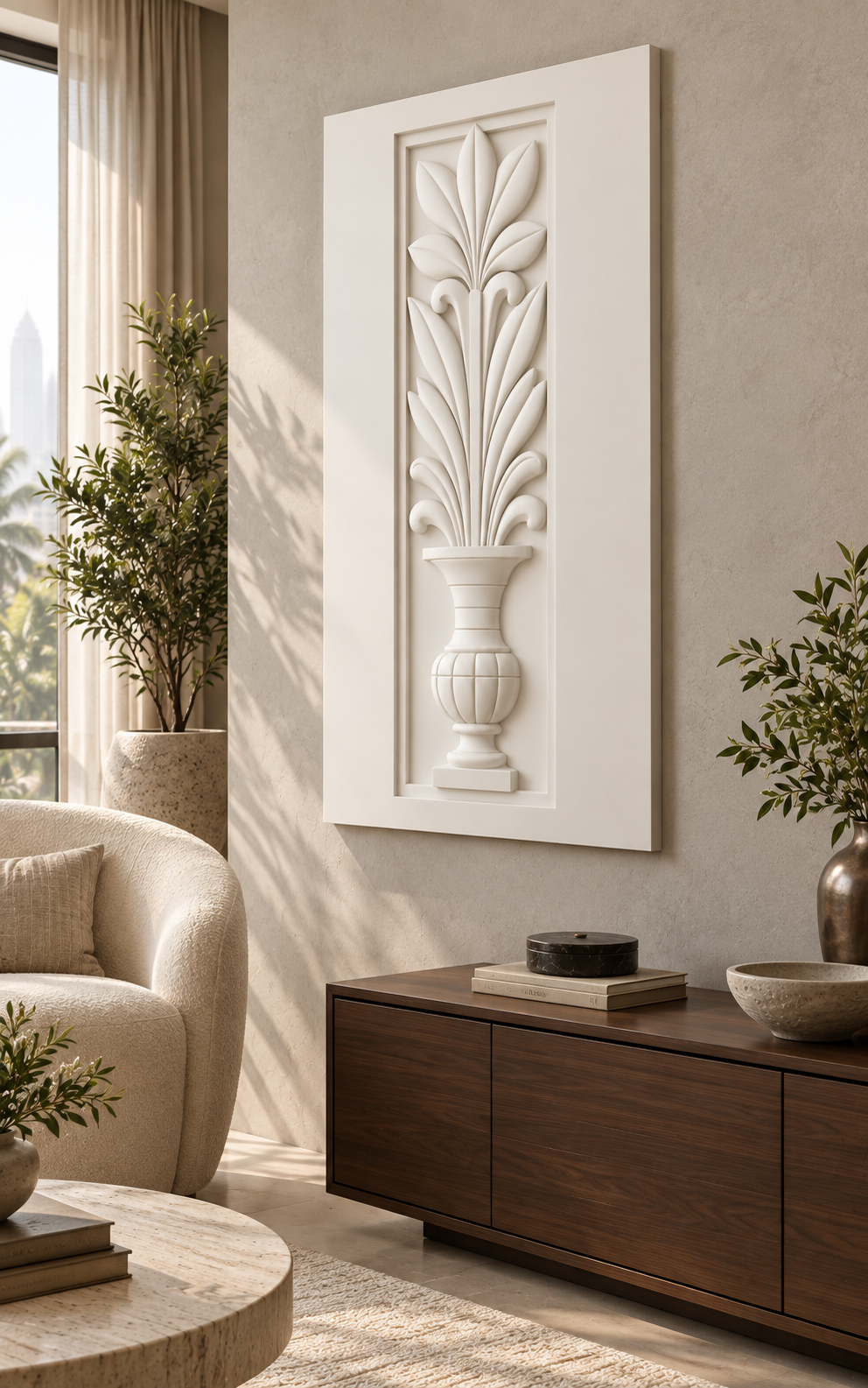 Classical Leaf Urn Corian wall panel, right view in a Mumbai living-room conversation corner, showing its satin white shallow relief.