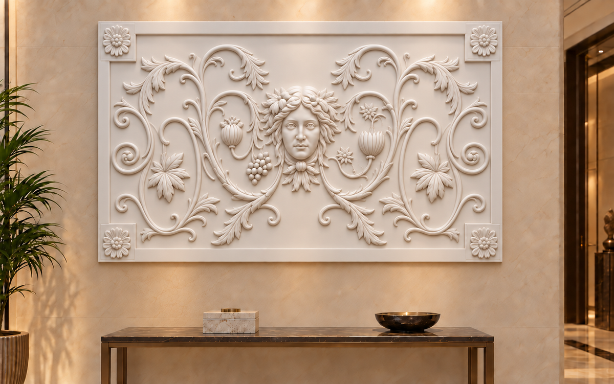 Classical Mask and Vine Frieze Corian wall panel, 4 x 2.5 ft, front view in formal entrance foyer, 12-24 mm total depth