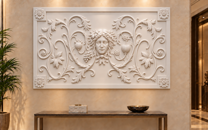 Classical Mask and Vine Frieze Corian wall panel, 4 x 2.5 ft, front view in formal entrance foyer, 12-24 mm total depth