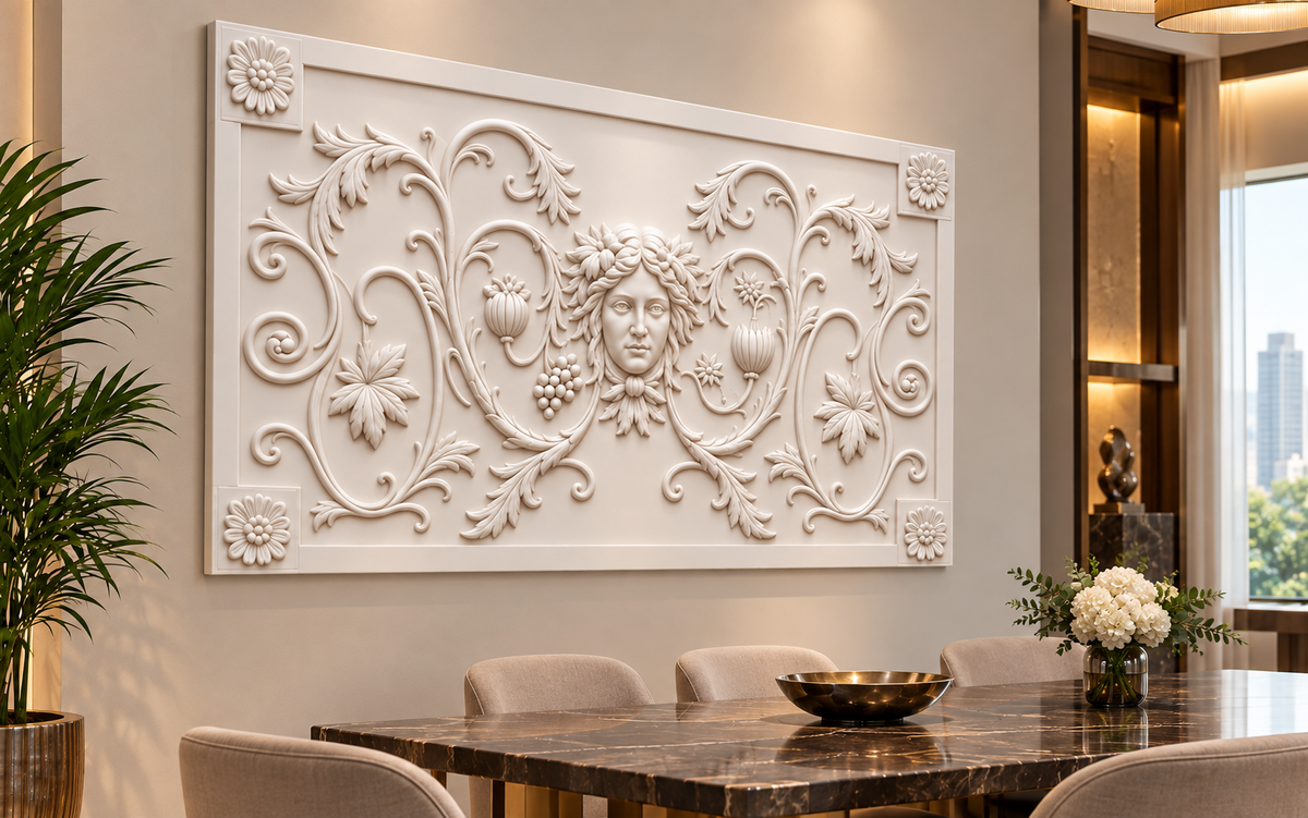 Classical Mask and Vine Frieze Corian wall panel, 4 x 2.5 ft, left view in dining room, 12-24 mm total depth