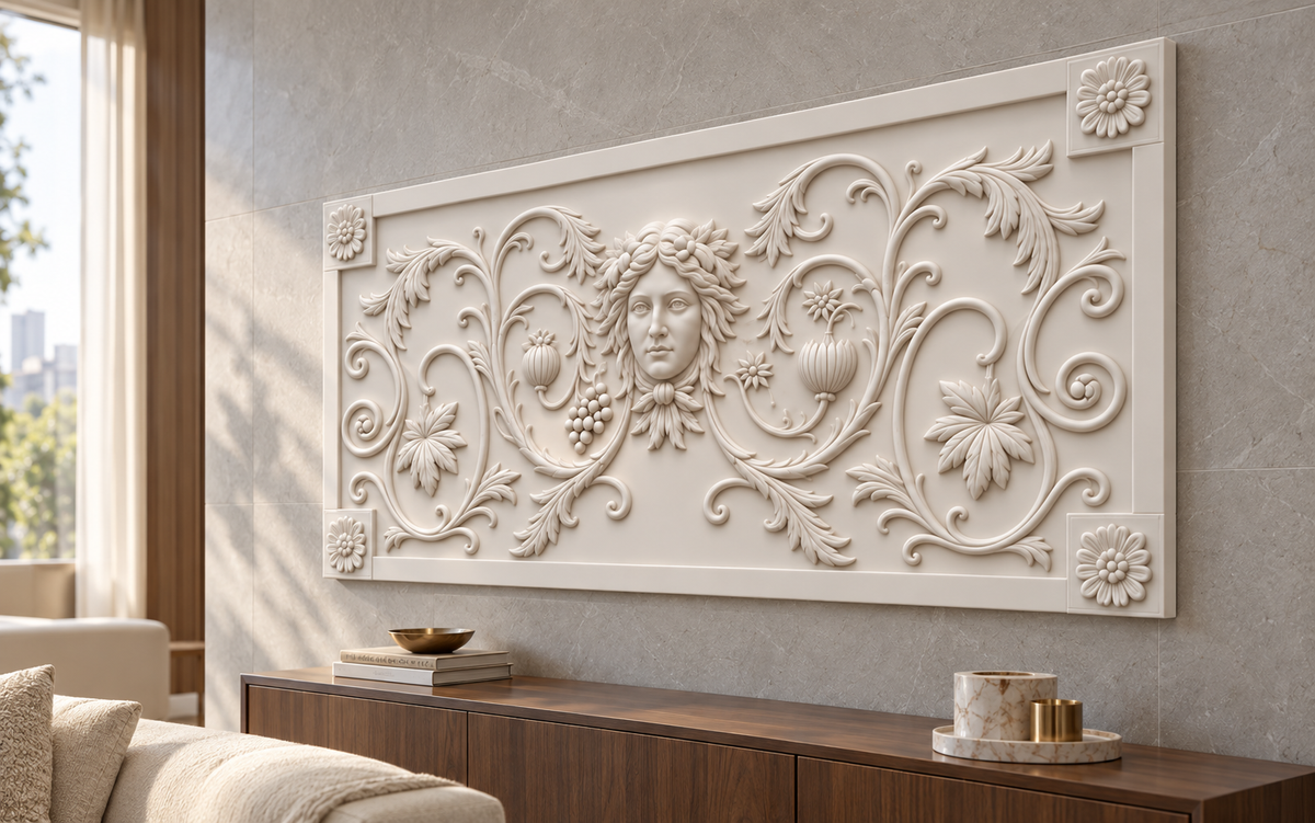 Classical Mask and Vine Frieze Corian wall panel, 4 x 2.5 ft, right view in living room console wall, 12-24 mm total depth