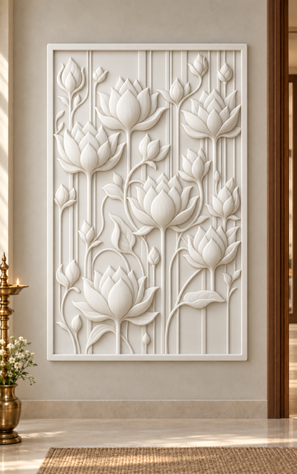 Climbing Lotus Lines Corian wall panel, 2.5 x 4 ft, front view in pooja approach wall, 12–24 mm total depth