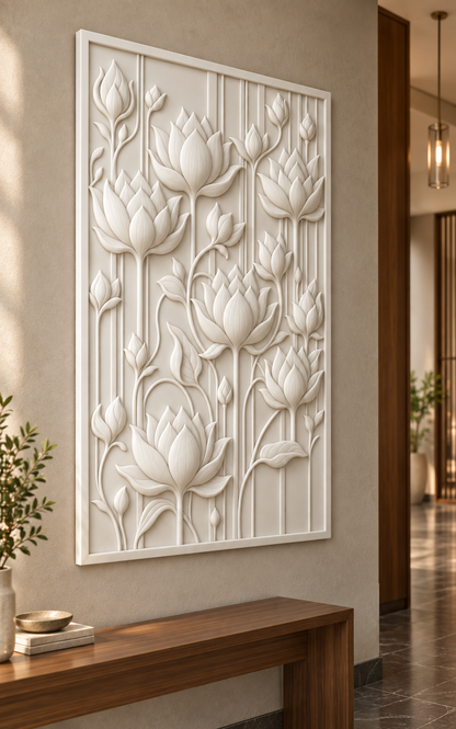 Climbing Lotus Lines Corian wall panel, 2.5 x 4 ft, left view in entrance passage, 12–24 mm total depth