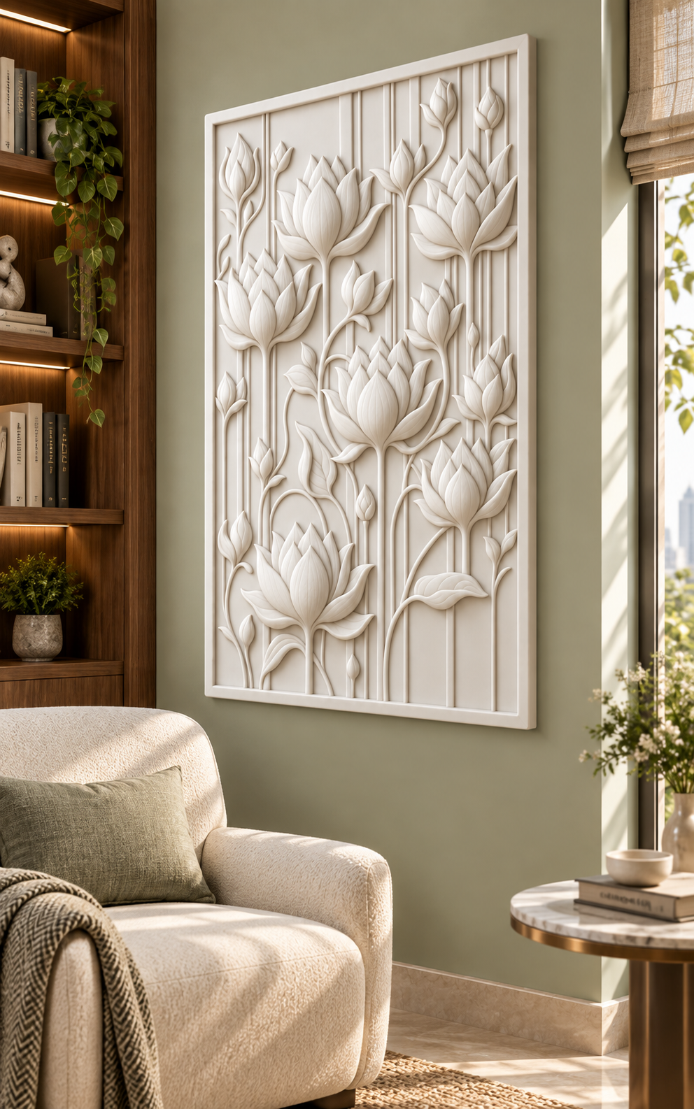 Climbing Lotus Lines Corian wall panel, 2.5 x 4 ft, right view in living room reading nook, 12–24 mm total depth