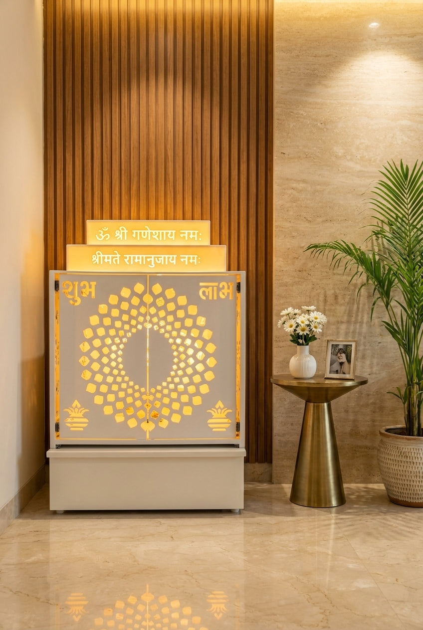 Compact Corian Home Temple Pocket Doors Backlit Balaji — Luxury Home Interior — Satguru Creations