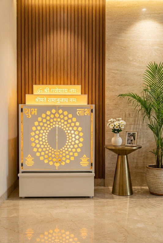 Compact Corian Home Temple Pocket Doors Backlit Balaji — Luxury Home Interior — Satguru Creations