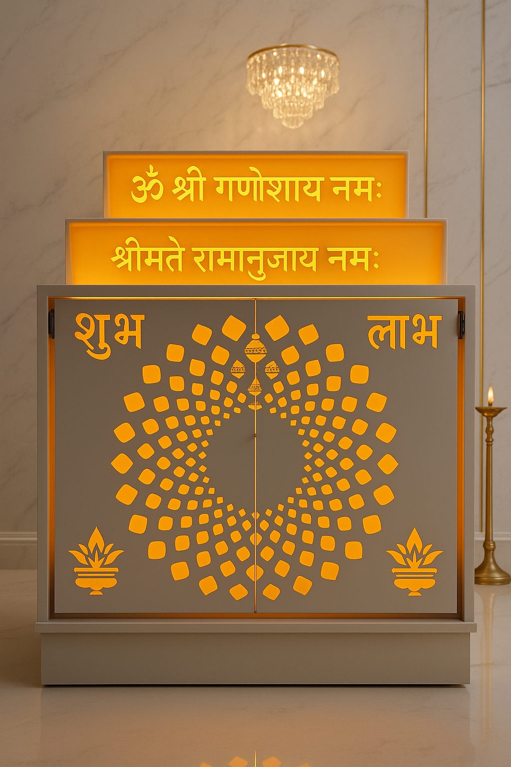 Compact Corian Home Temple Pocket Doors Backlit Balaji — Luxury Indian Home Interior — Satguru Creations