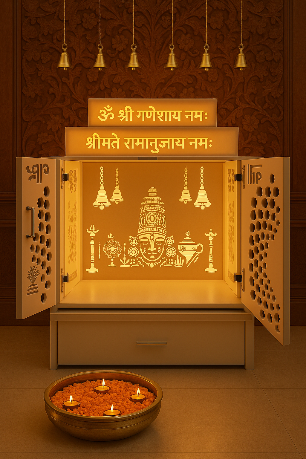 Compact Corian Home Temple Pocket Doors Backlit Balaji — Luxury Indian Home Interior — Satguru Creations