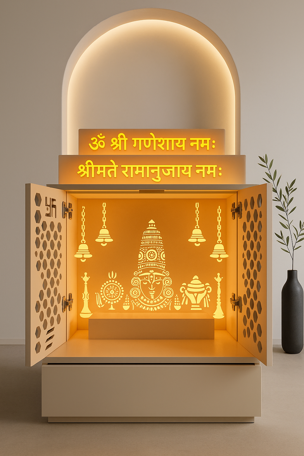 Compact Corian Home Temple Pocket Doors Backlit Balaji — Luxury Indian Home Interior — Satguru Creations
