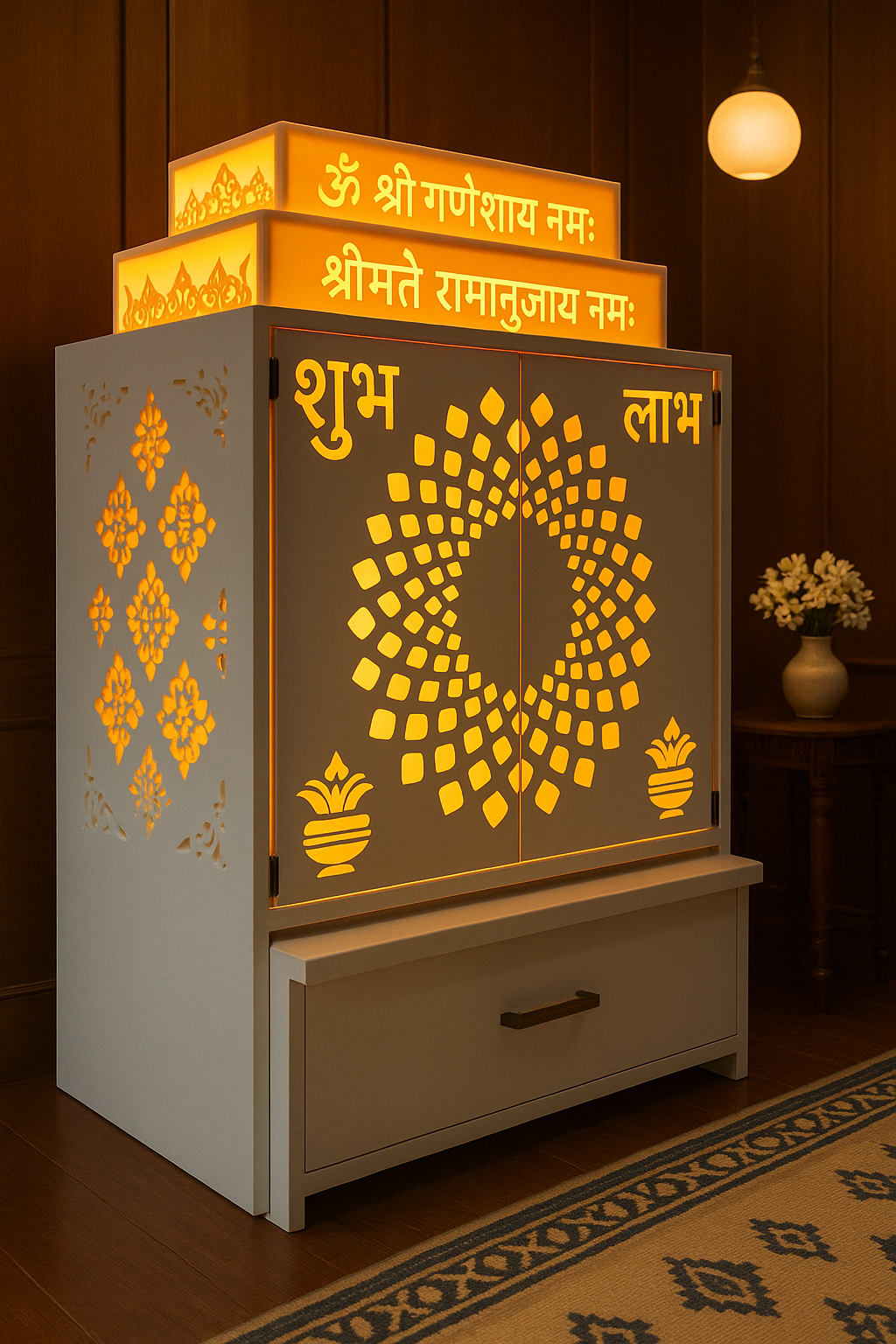Compact Corian Home Temple Pocket Doors Backlit Balaji — Luxury Indian Home Interior — Satguru Creations