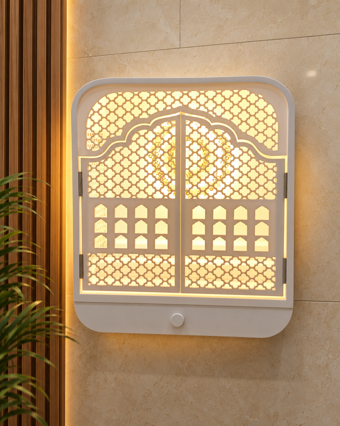 Compact Corian mandir with rounded corners and closed illuminated jaali doors; digitally styled background from the original front view.