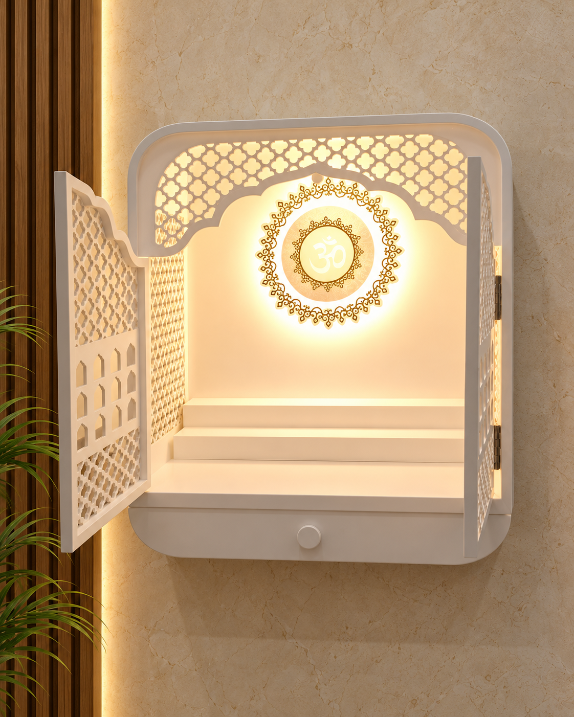 Open-door front view of the compact Corian mandir, showing the backlit Om, gold-coloured detailing and utility step; digitally styled background.