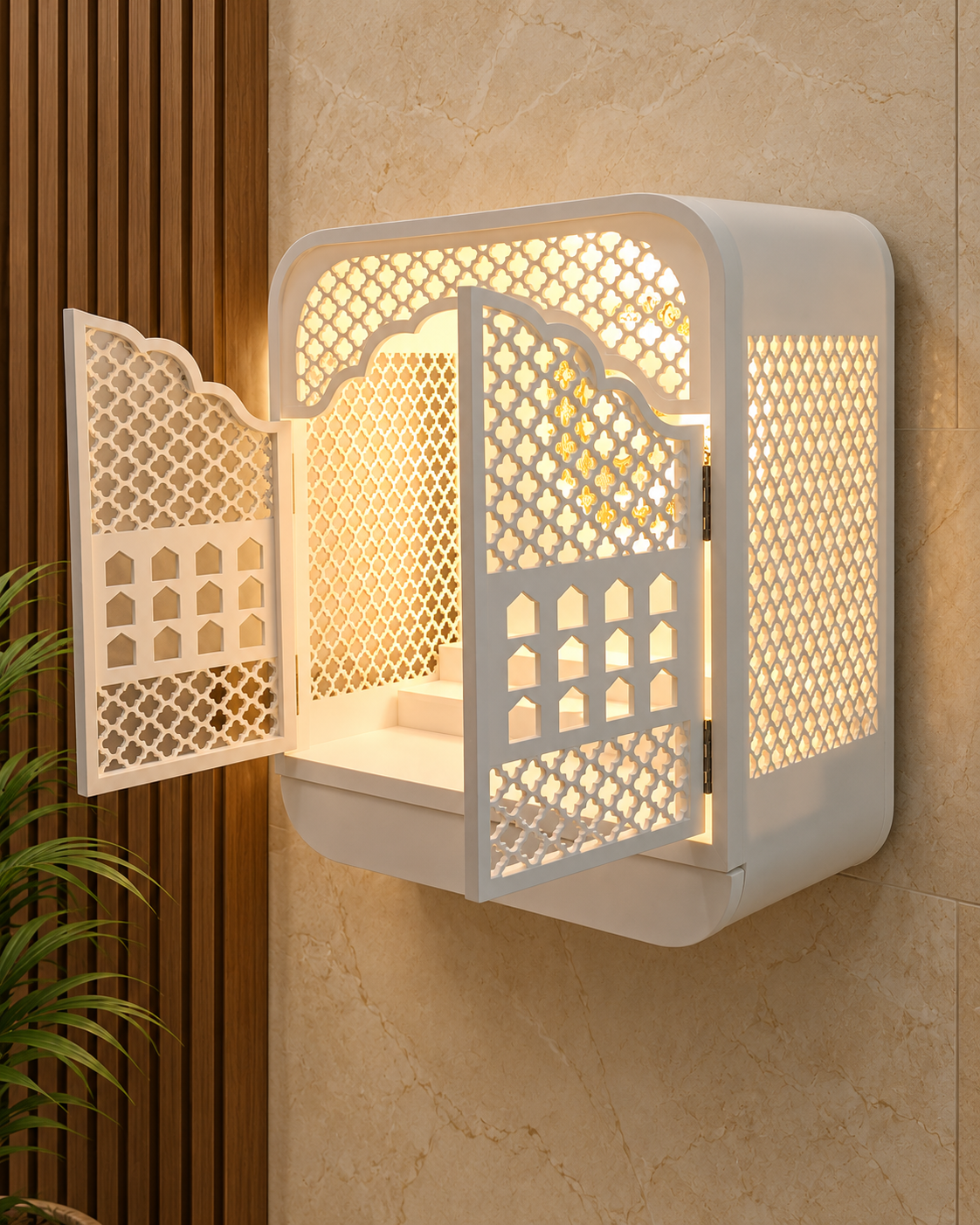 Three-quarter view of the rounded Corian mandir with open jaali doors and illuminated side panel; digitally styled background from the original side view.