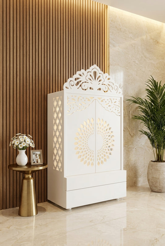 Compact Wall-Mount Corian Mandir with Jali Carved Door — Luxury Home Interior — Satguru Creations