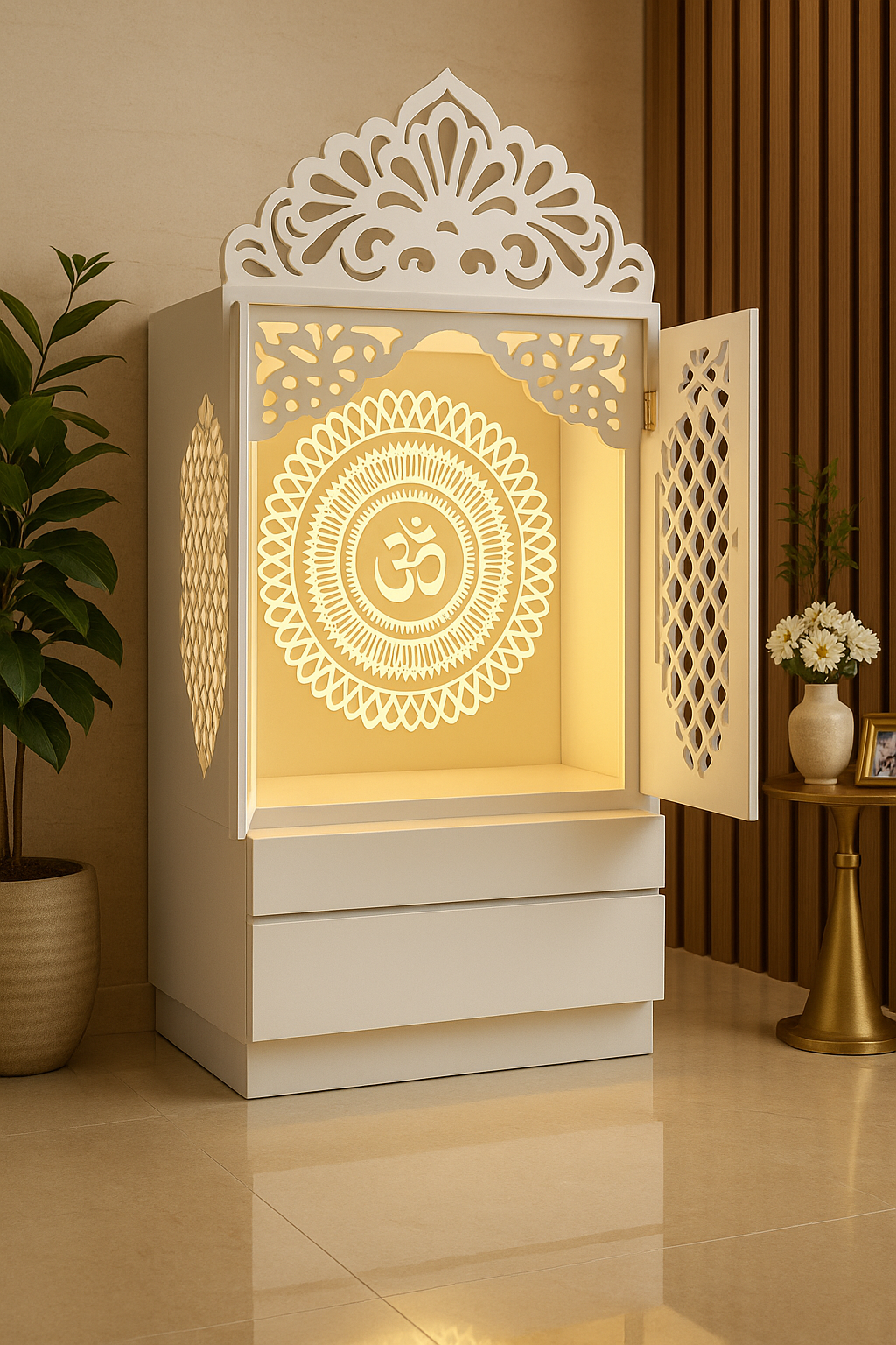 Compact Wall-Mount Corian Mandir with Jali Carved Door — Luxury Indian Home Interior — Satguru Creations