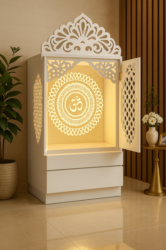 Compact Wall-Mount Corian Mandir with Jali Carved Door — Luxury Indian Home Interior — Satguru Creations