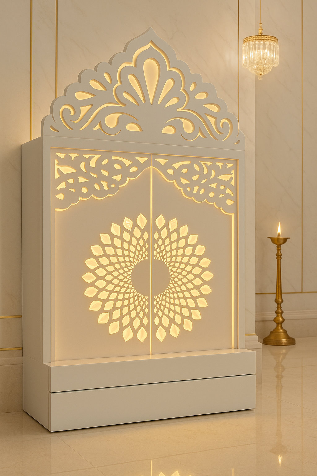 Compact Wall-Mount Corian Mandir with Jali Carved Door — Luxury Indian Home Interior — Satguru Creations
