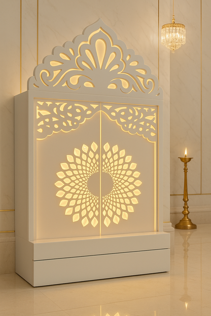 Compact Wall-Mount Corian Mandir with Jali Carved Door — Luxury Indian Home Interior — Satguru Creations