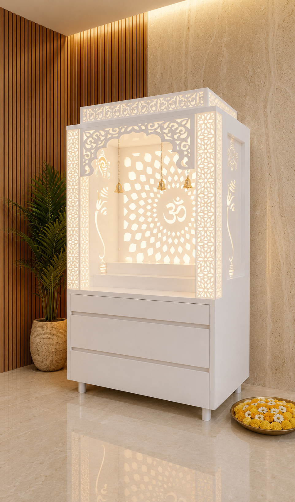 Fully white Corian compact mandir with Om panel, arched niche and handleless storage