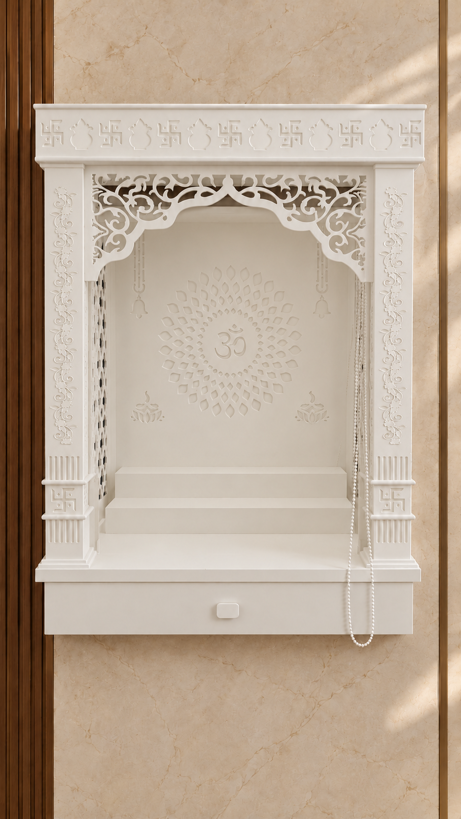 Glacier White Corian wall mounted mandir with roller curtain raised and lights off. Background digitally styled.