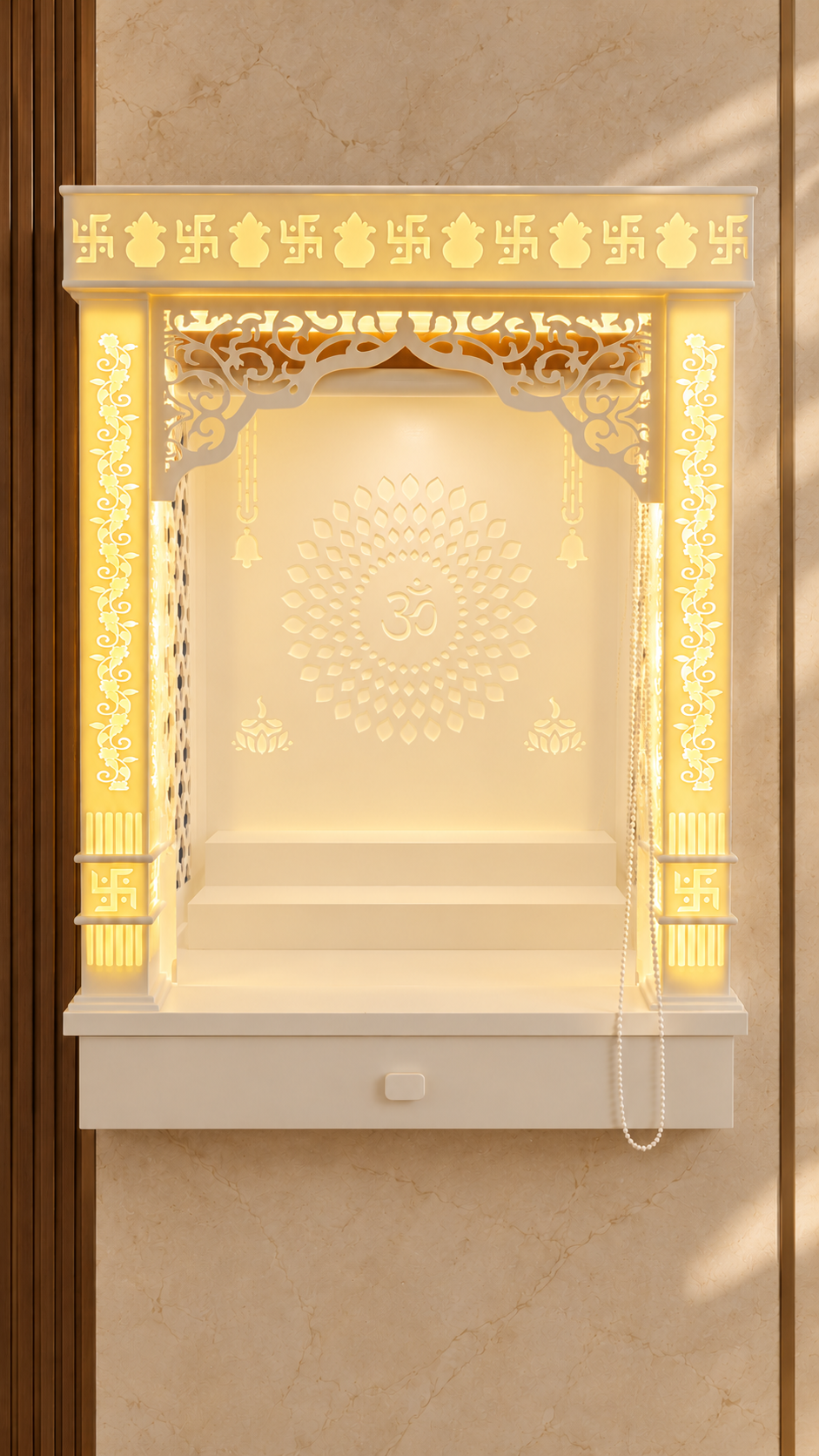 Corian wall mounted mandir with roller curtain raised, carved Om backdrop and warm backlighting. Background digitally styled.