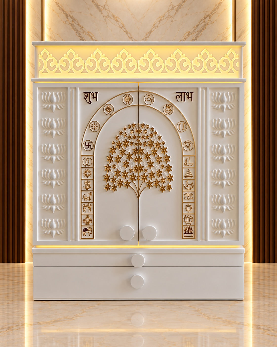 Closed front view of a compact white Corian Jain mandir with warm lighting, Kalpavruksh double doors, Jain symbols, lotus panels and two drawers.