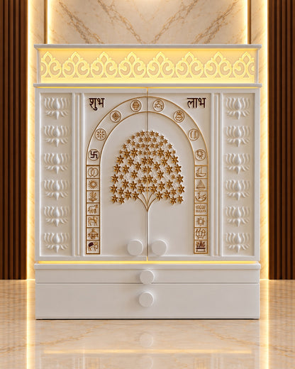 Closed front view of a compact white Corian Jain mandir with warm lighting, Kalpavruksh double doors, Jain symbols, lotus panels and two drawers.