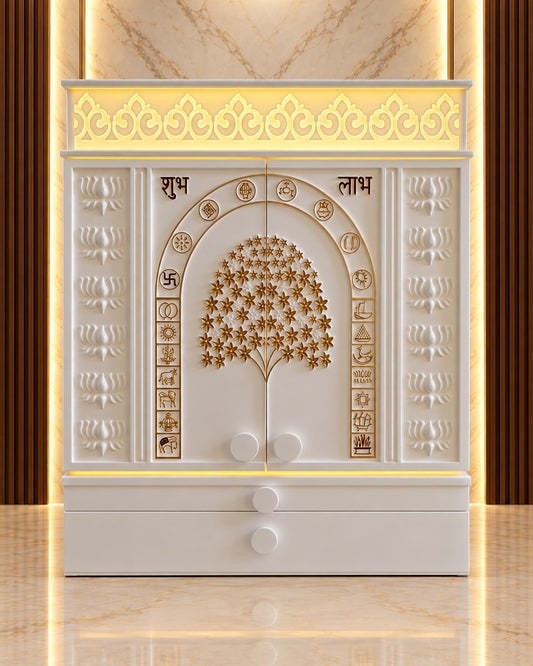Closed front view of a compact white Corian Jain mandir with warm lighting, Kalpavruksh double doors, Jain symbols, lotus panels and two drawers.