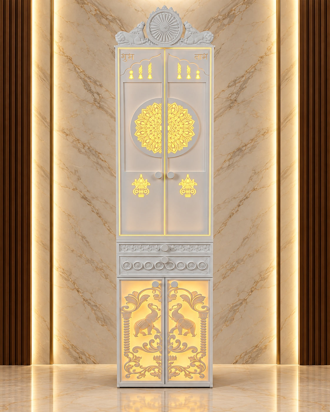 Compact Jain mandir with closed illuminated mandala doors, 21 inches wide and 84 inches high.