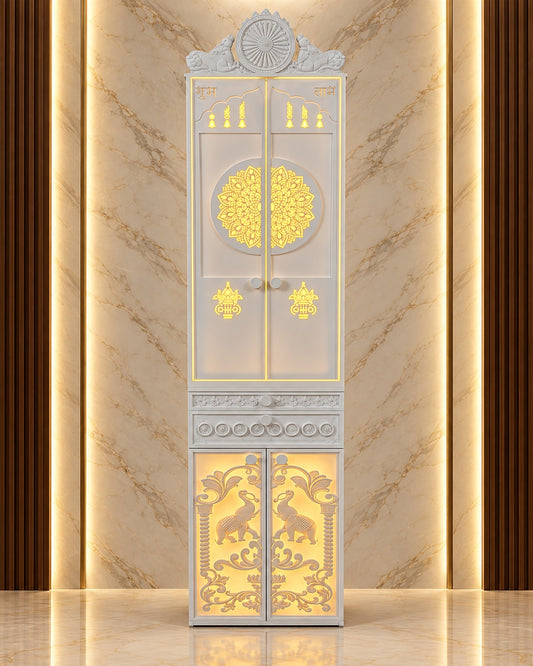 Compact Jain mandir with closed illuminated mandala doors, 21 inches wide and 84 inches high.