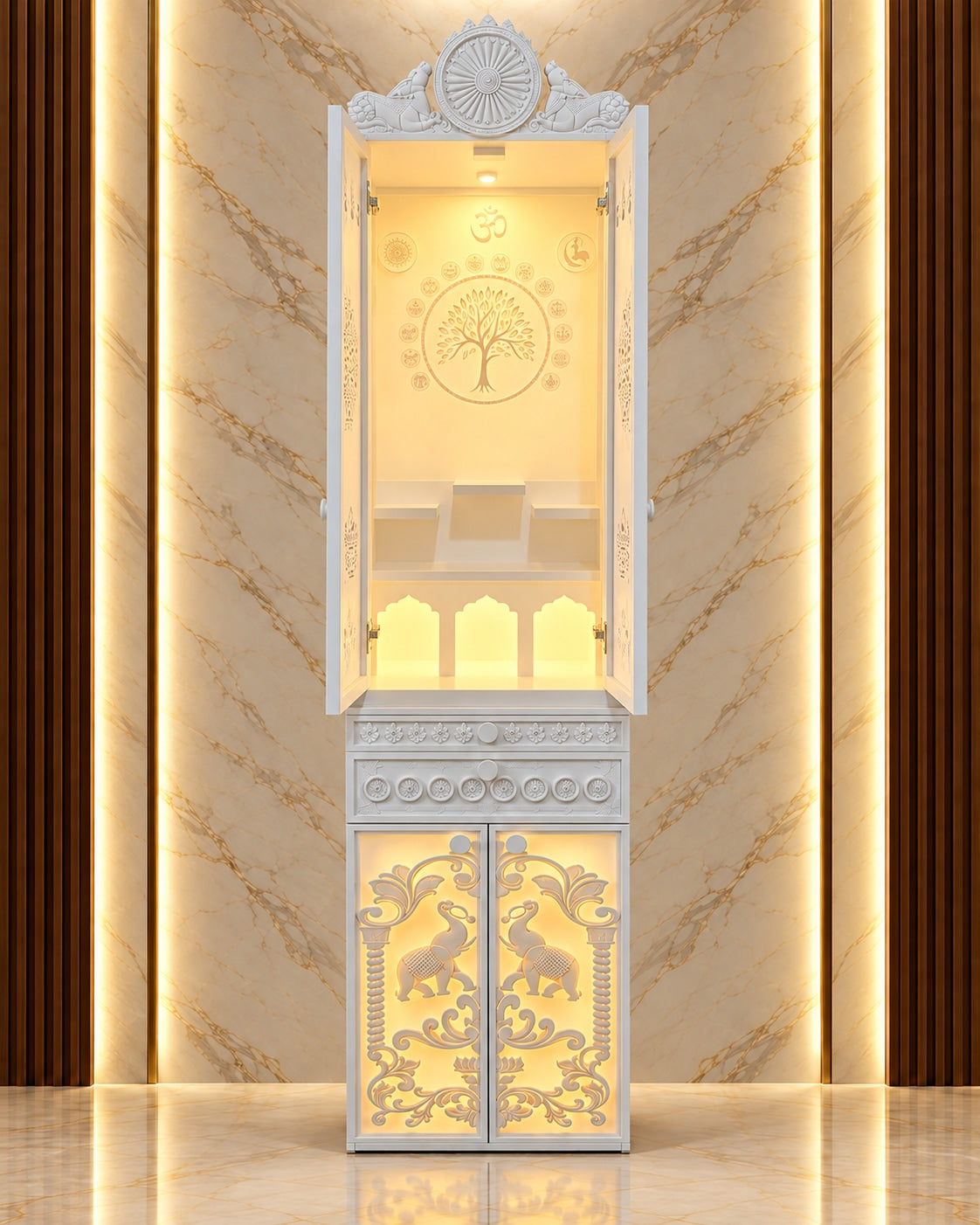 Compact Jain mandir with doors open, showing the illuminated Kalpavruksh interior and lower elephant panels.