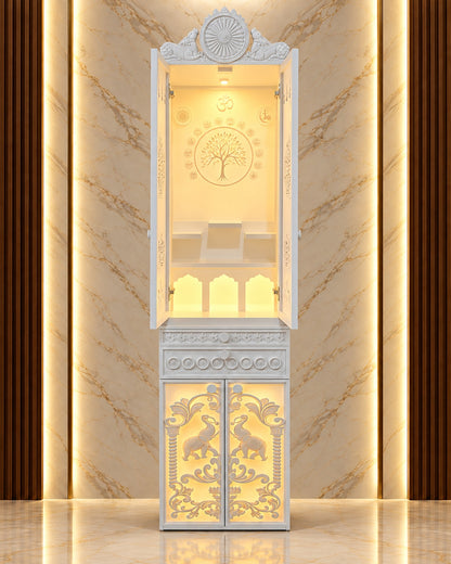 Compact Jain mandir with doors open, showing the illuminated Kalpavruksh interior and lower elephant panels.