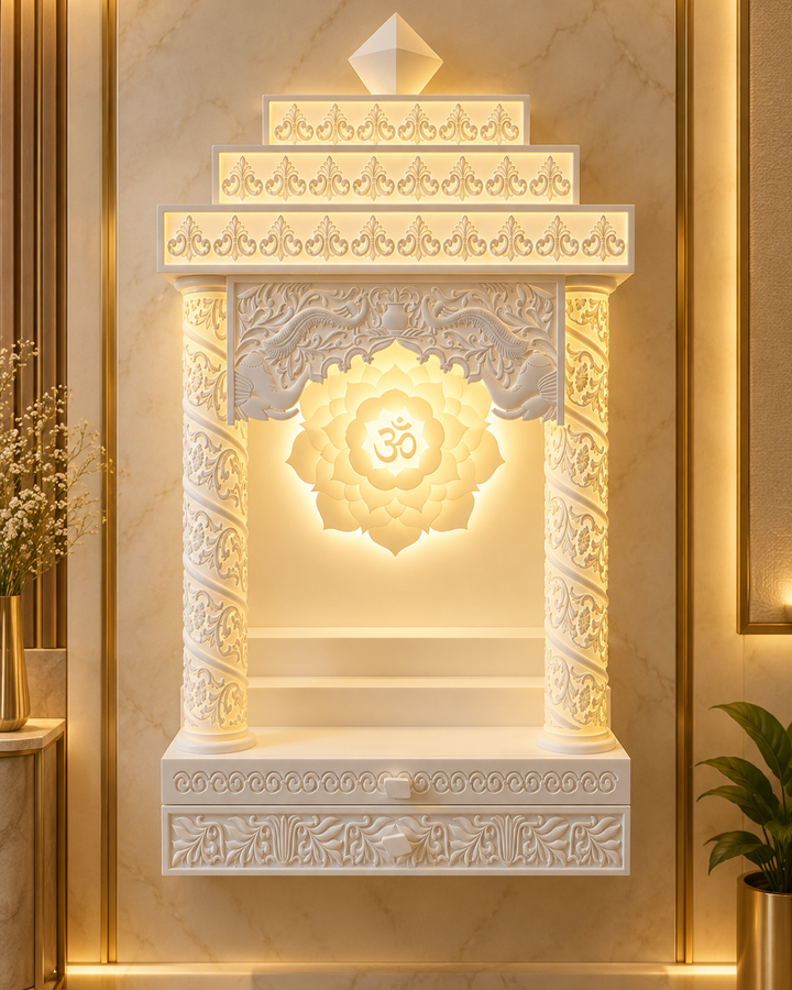 Front view of a compact wall mount Corian mandir with carved round pillars, two inner steps and a Kohinoor dome