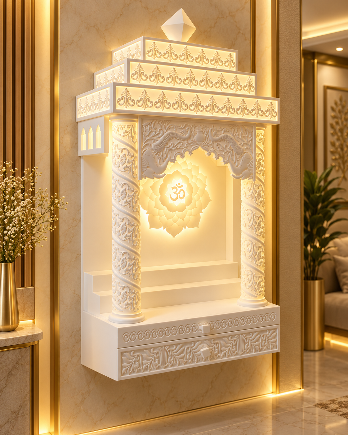 Left angle of the compact wall mount Corian mandir showing carved round pillars, two steps and a floating base fixed to the wall