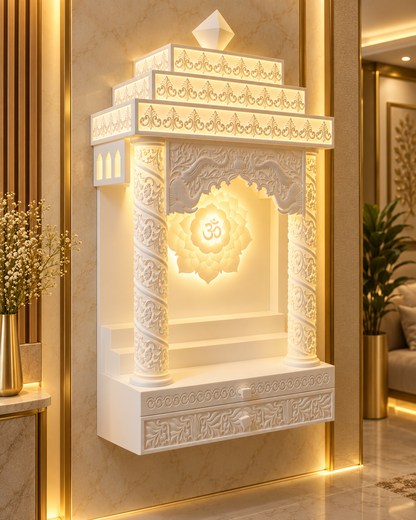 Left angle of the compact wall mount Corian mandir showing carved round pillars, two steps and a floating base fixed to the wall