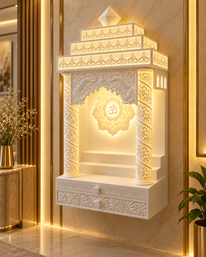 Right angle of the compact Corian mandir mounted above the floor, with backlit lotus Om artwork and a Kohinoor top dome