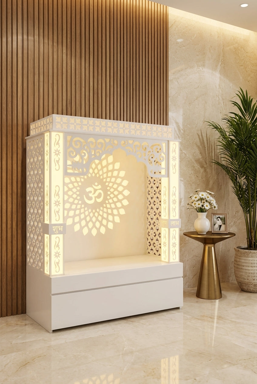 Compact Wall-Mount Corian Mandir for Home Apartments — Luxury Home Interior — Satguru Creations