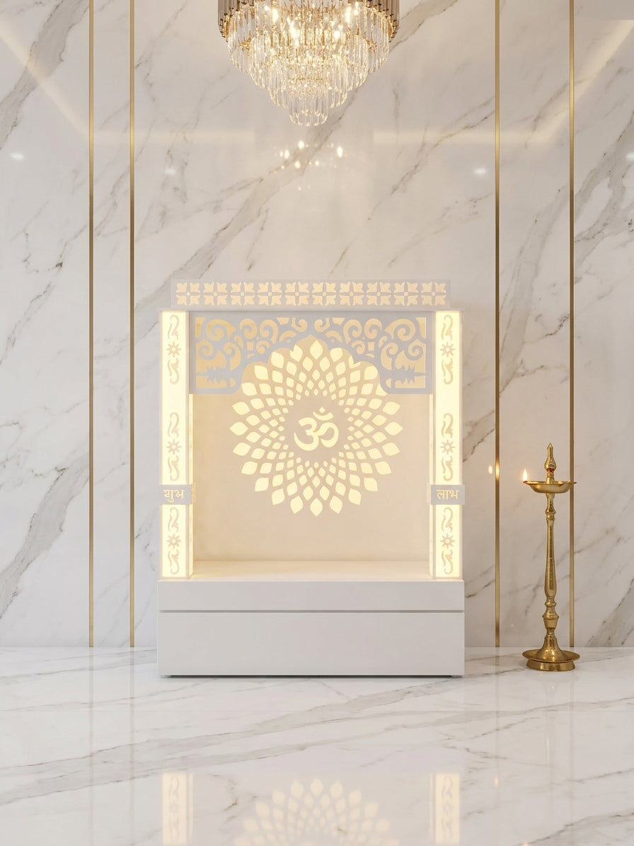 Compact Wall-Mount Corian Mandir for Home Apartments — Luxury Indian Home Interior — Satguru Creations